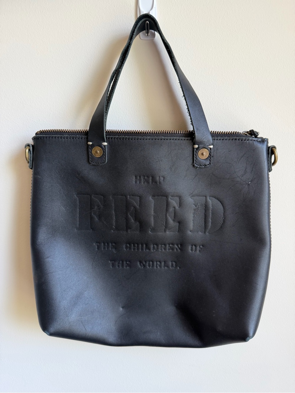 Leather Mini Tote Suede Interior Feed The Children Bag No Strap Black